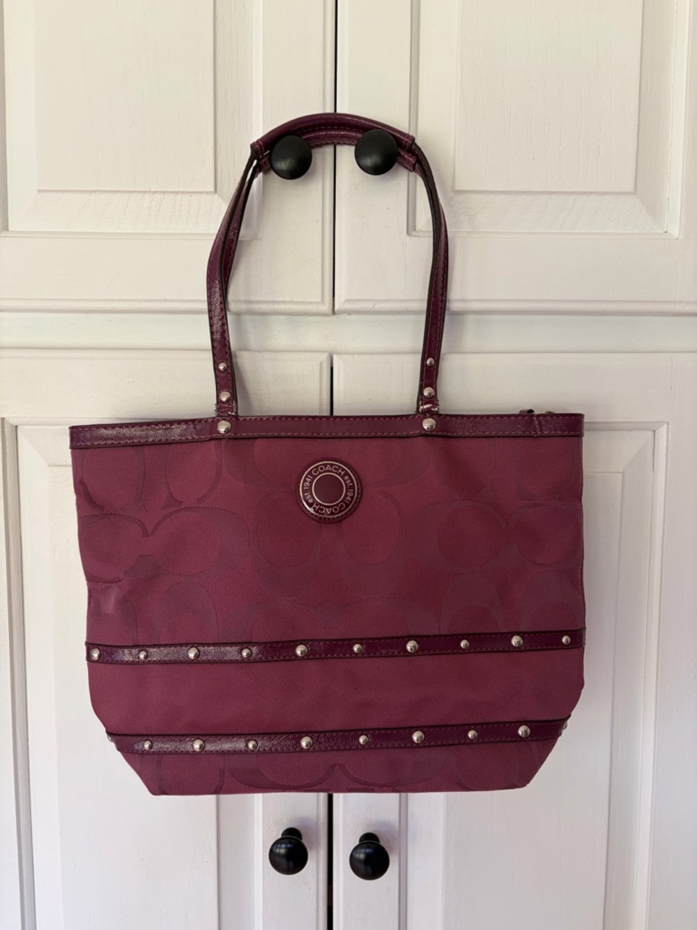 Coach Signature Canvas Studded Tote Bag in Purple